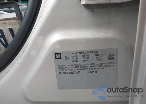 2013 Chevrolet Cruze 2Lt Auto from USA, damaged, VIN 1G1PE5SB6D7275194